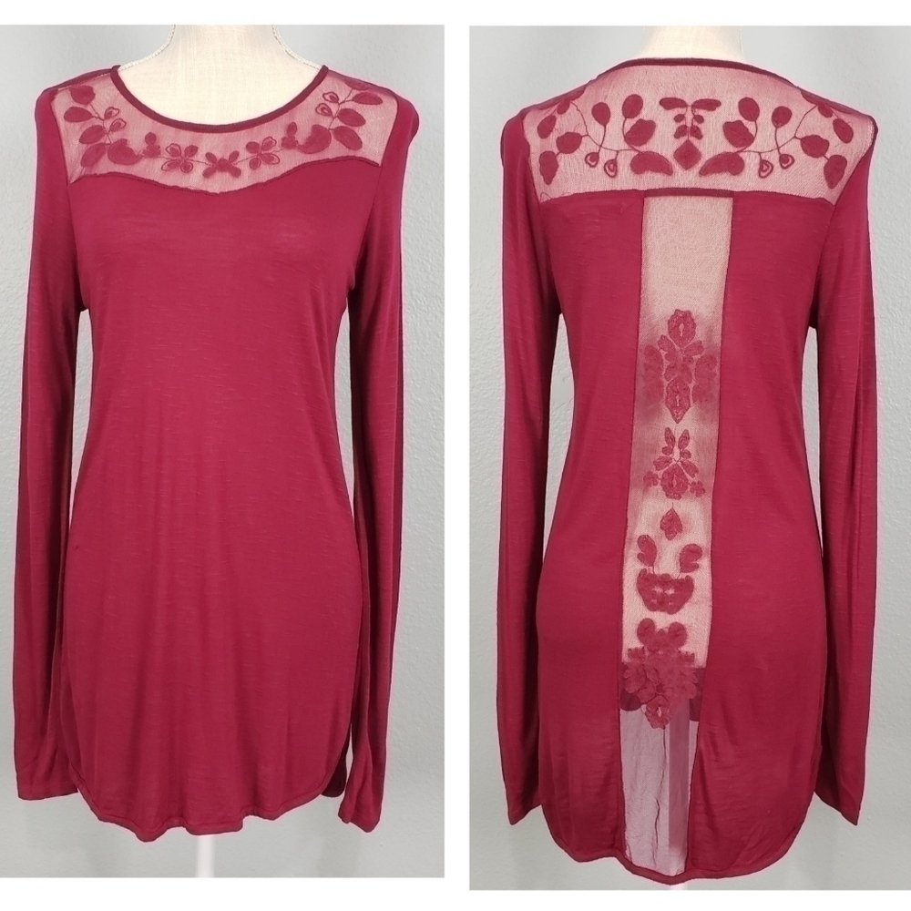 LC Sheer Floral Embroidered Longsleeve Boho Top Sz S